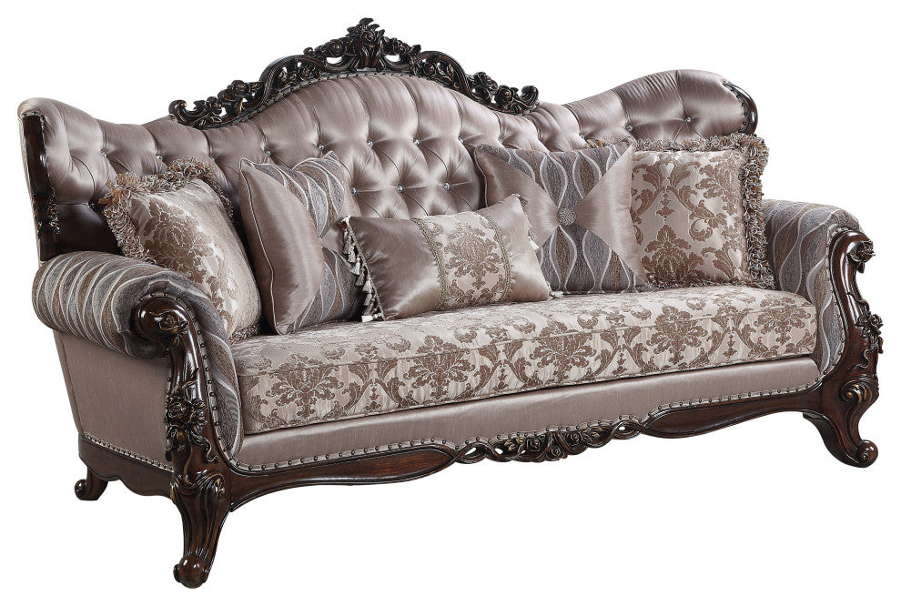 ACME Benbek Sofa With 5 Pillows, Fabric and Antique Oak Finish