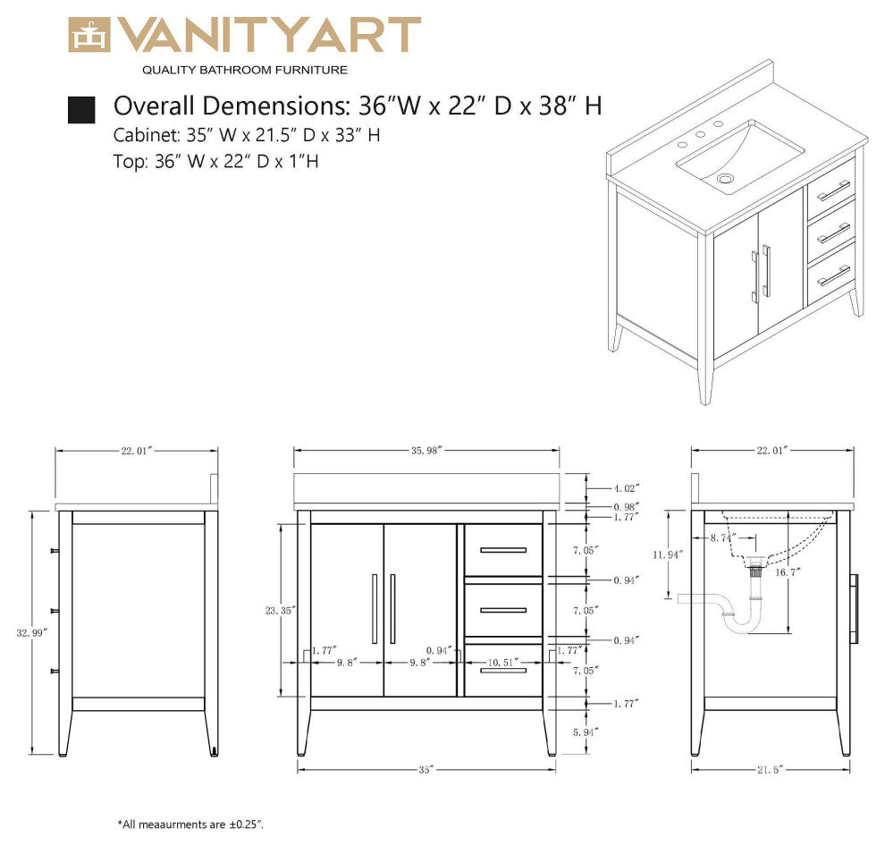 Vanity Art Bathroom Vanity With Sink, Cashmere Gray, 36", Single Sink, Brushed Nickel