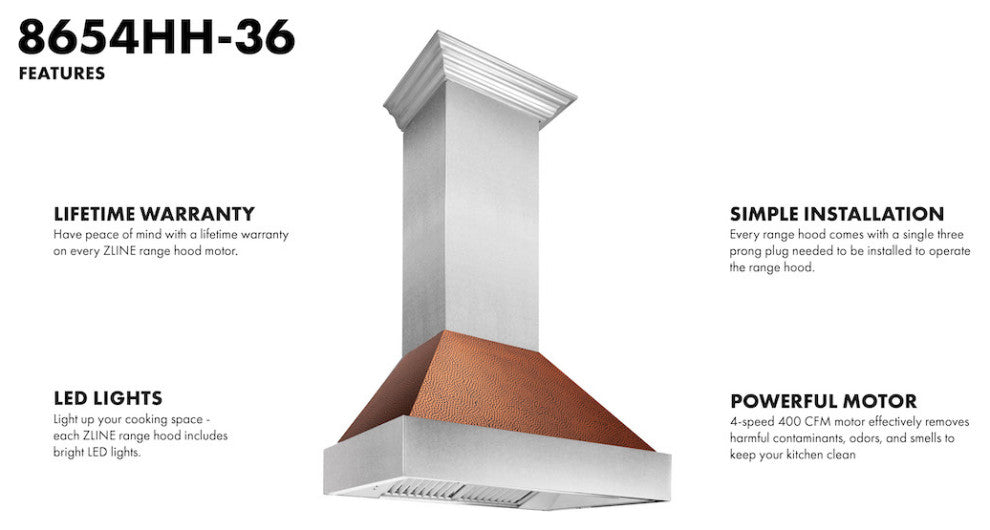 Ducted DuraSnow Stainless Steel Range Hood with Hand-Hammered Copper Shell