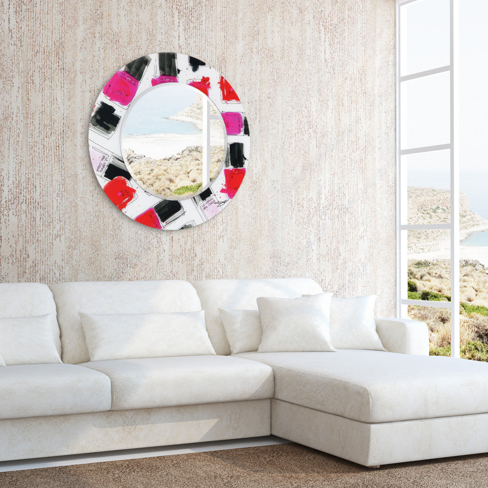 "Candy" Round Beveled Wall Mirror on Floating Printed Tempered Art Glass