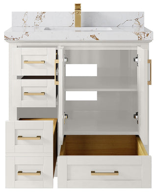 Boston 36" Center Sink Bath Vanity in Alabaster 2" Viola Gold