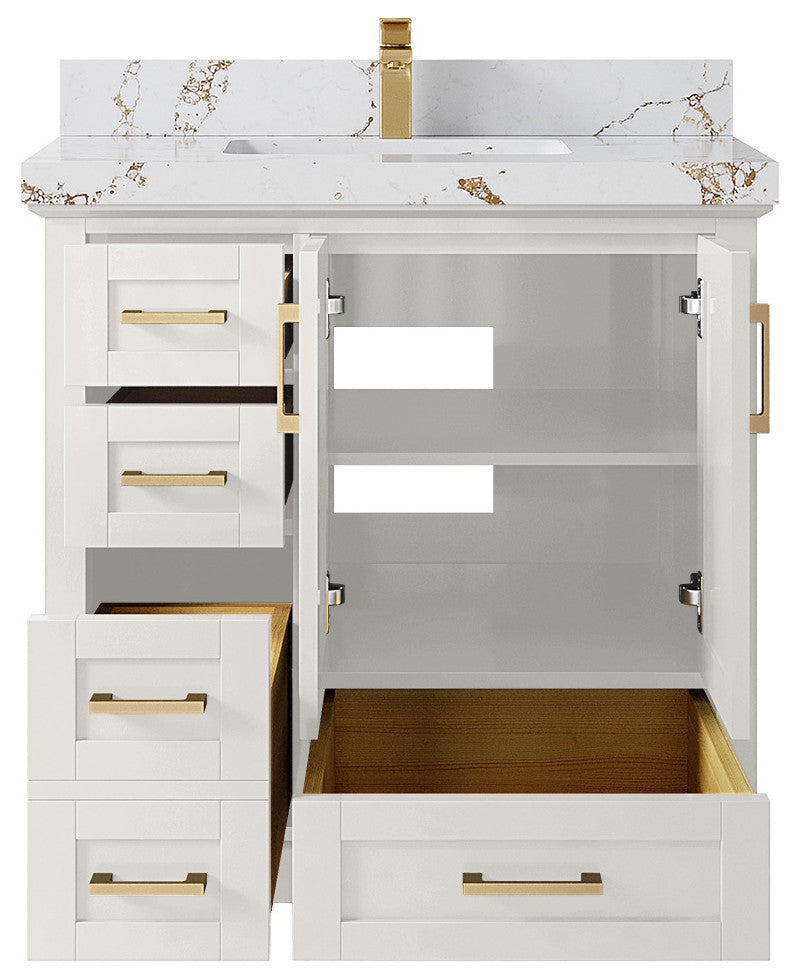 Boston 36" Center Sink Bath Vanity in Alabaster 2" Viola Gold
