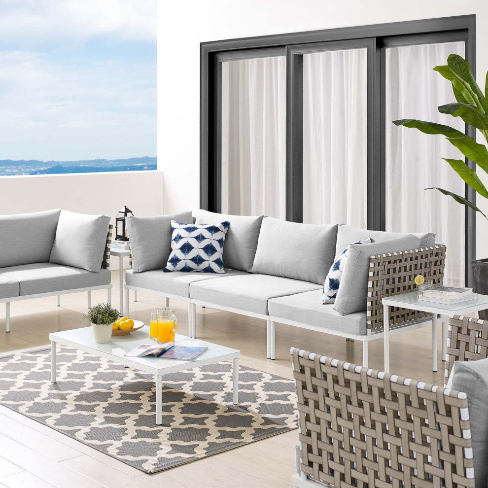 Lounge Sectional Sofa Chair Table Set, Sunbrella, Aluminum, Gray, Outdoor