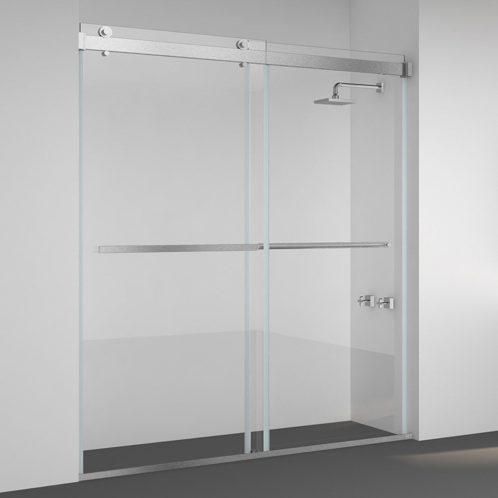 Spezia Double Sliding Frameless Shower Door, Brushed Nickel, 68" W X 76" H
