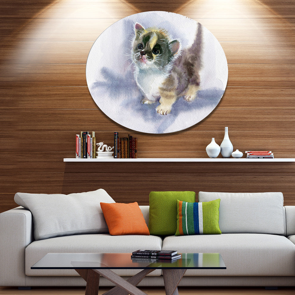 Cute Kitten On Blue Watercolor, Animal Disc Metal Artwork, 36"
