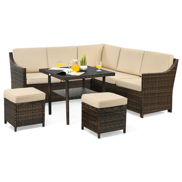 Costway 6PCS Patio Rattan Dining Sofa Furniture Set Ottoman Table Lower Shelf