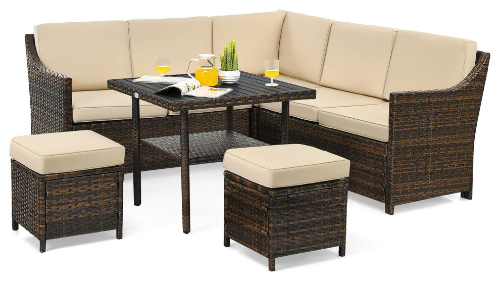Costway 6PCS Patio Rattan Dining Sofa Furniture Set Ottoman Table Lower Shelf