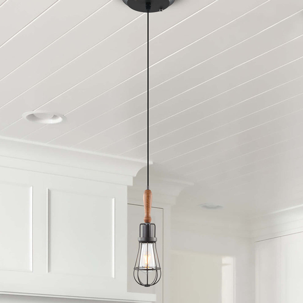 5" Industrial Pendant With Wood Element and LED Filament Bulb, Arden Collection