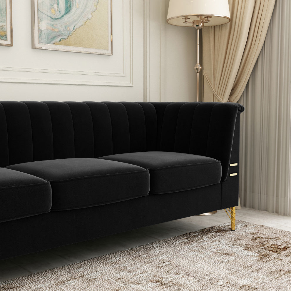 83.4'' Tuxedo Velvet Arm Sofa with Gold Leg, Black