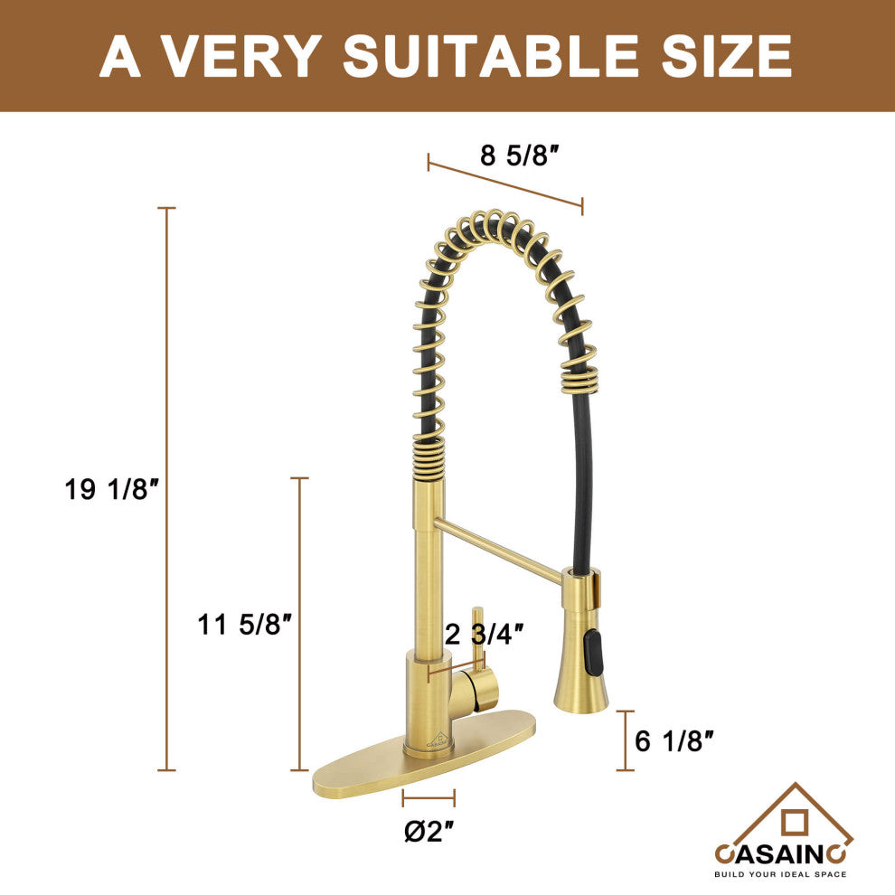 Spring Standard Kitchen Faucet with Dual-Function Spray Head and Deck Plate, Brushed Gold