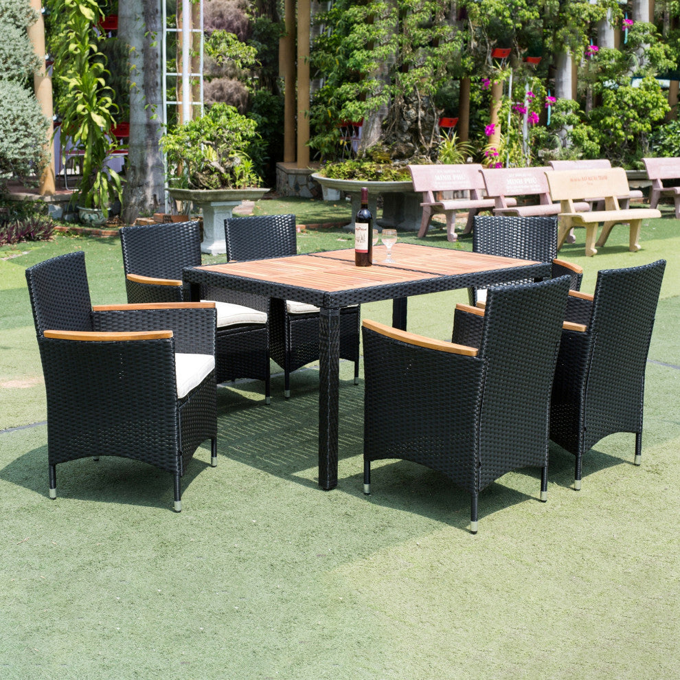 7 Pieces Outdoor Patio Wicker Furniture Dining Table Set With 6 Stools