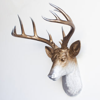 Faux Deer Head Wall Mount - 14 Point Stag Head Antlers, Bronze