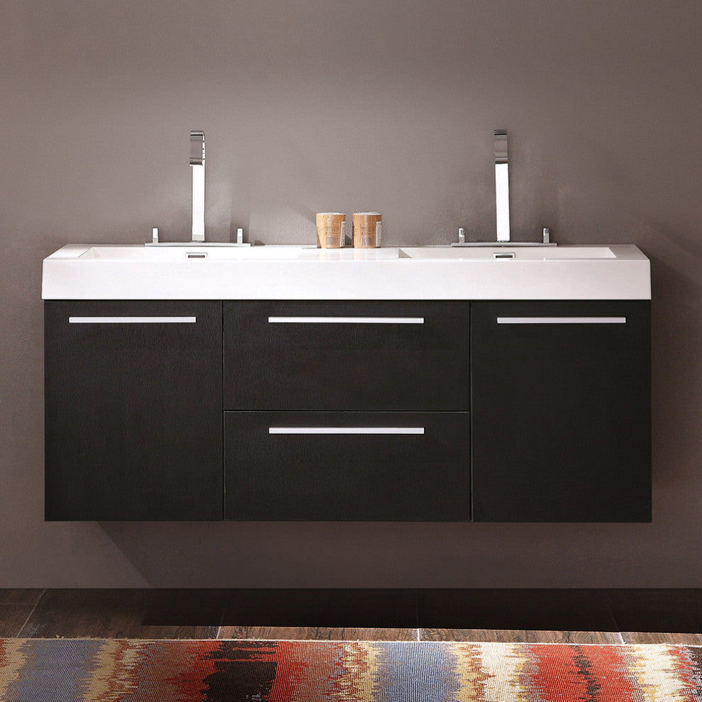 Opulento Double Sink Bathroom Cabinet, Base: Black, With Integrated Sink