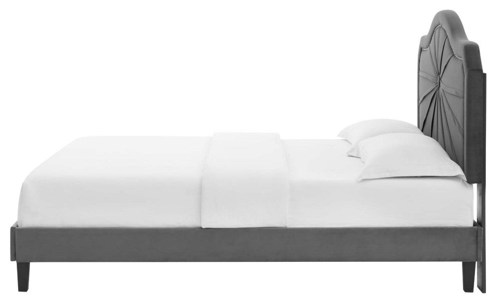 Platform Bed Frame, King Size, Velvet, Dark Gray, Modern Contemporary