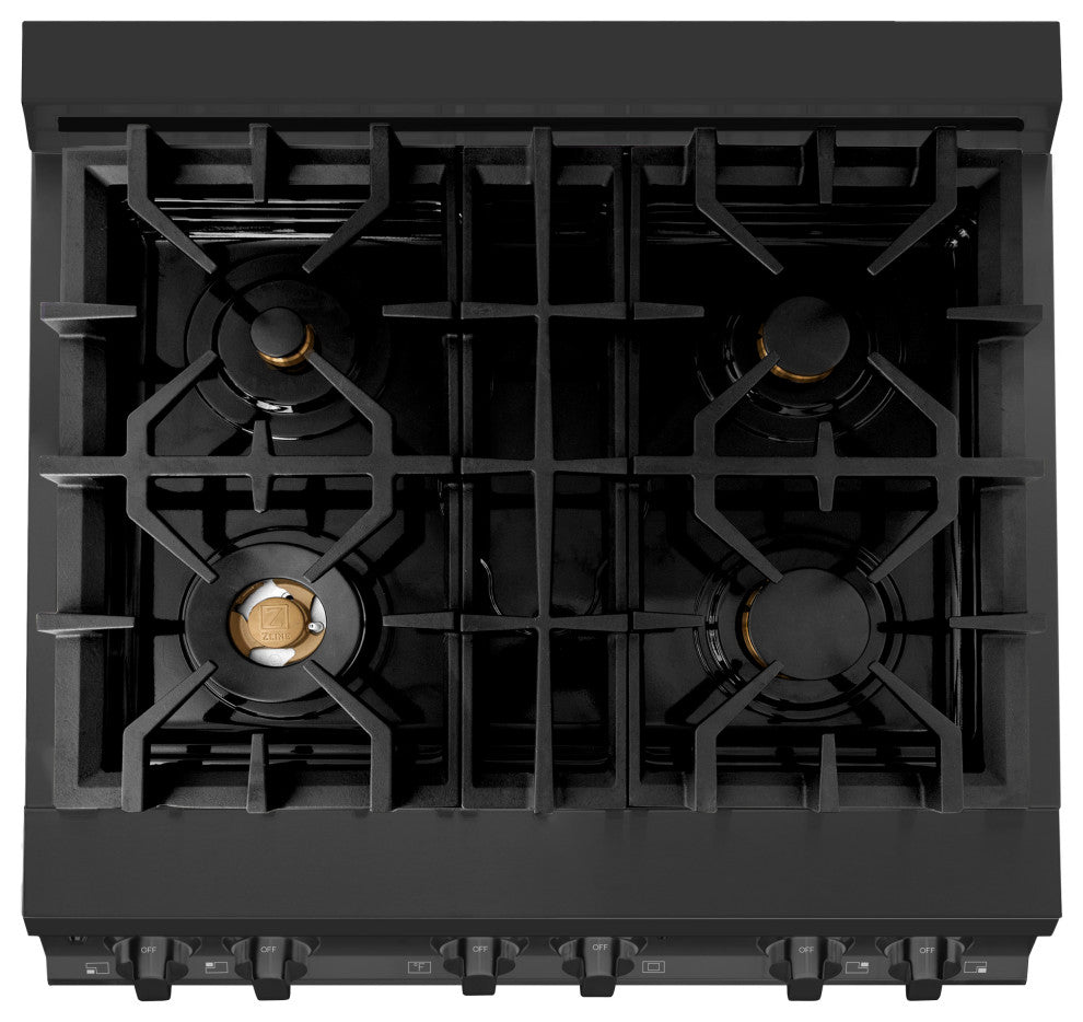 ZLINE 30" Dual Fuel Range, Black Stainless Steel With Brass Burners RAB-BR-30