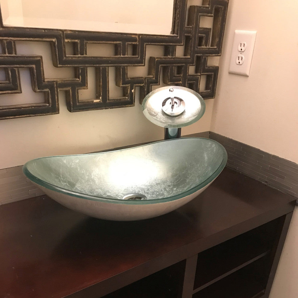Argento Slipper Silver Foiled Glass Vessel Bath Sink Combo with Faucet and Drain, Brushed Nickel