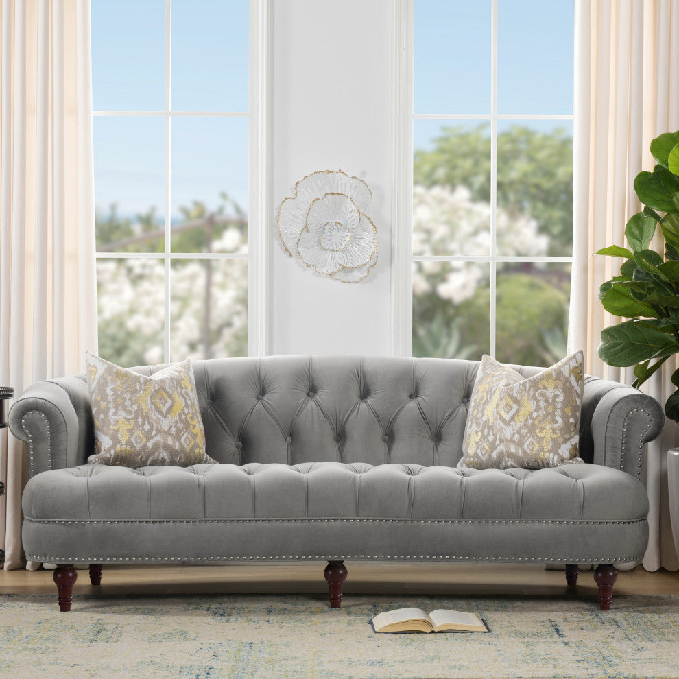 La Rosa Victorian Chesterfield Tufted Sofa, Opal Gray Velvet
