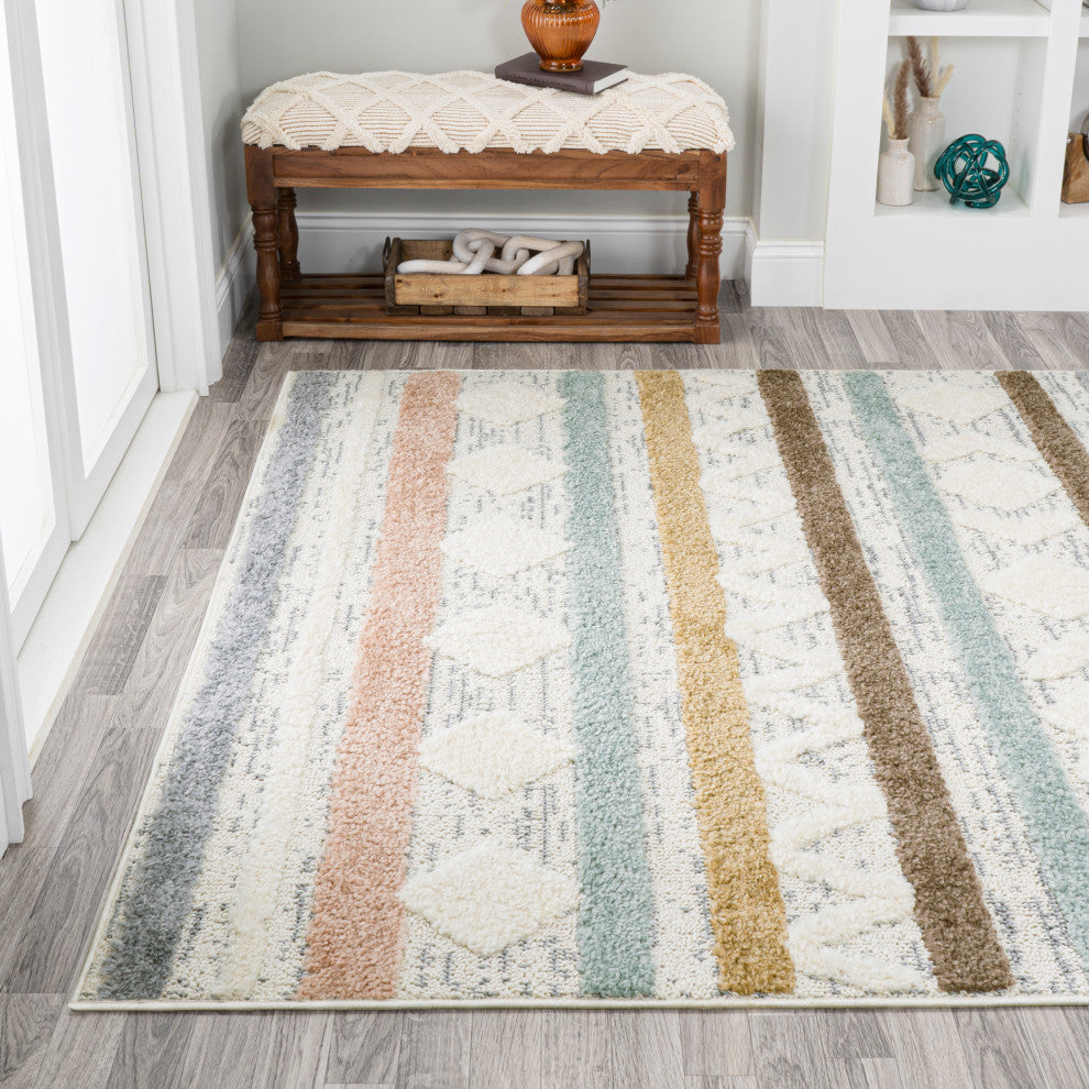 Faiza Moroccan Striped Geometric High-Low Runner Rug, 4 X 6