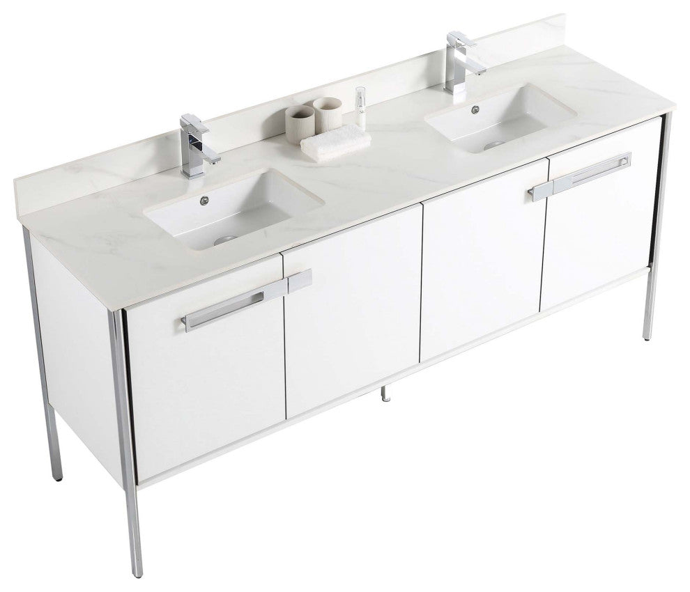 Oakville Bath Vanity, Ceramic Sink, White Matte, 72 Inch, Chrome Hardware