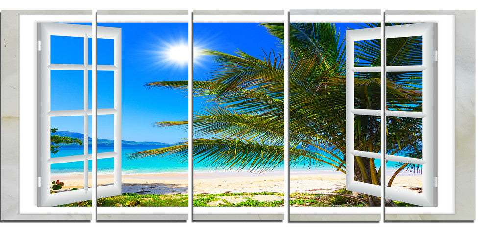 "Window Open To Beach With Palm" Seashore Wall Art, 5 Panels, 60"x28"