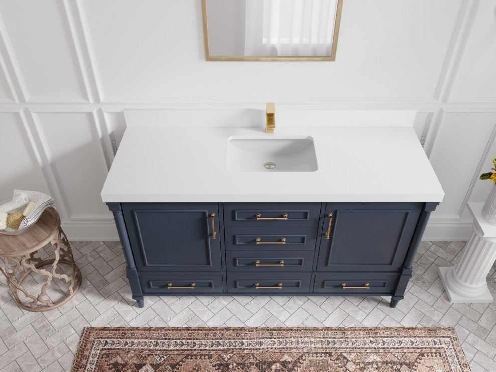 Aberdeen 60 Single Bathroom Vanity in Hale Navy Blue  2" White Quartz