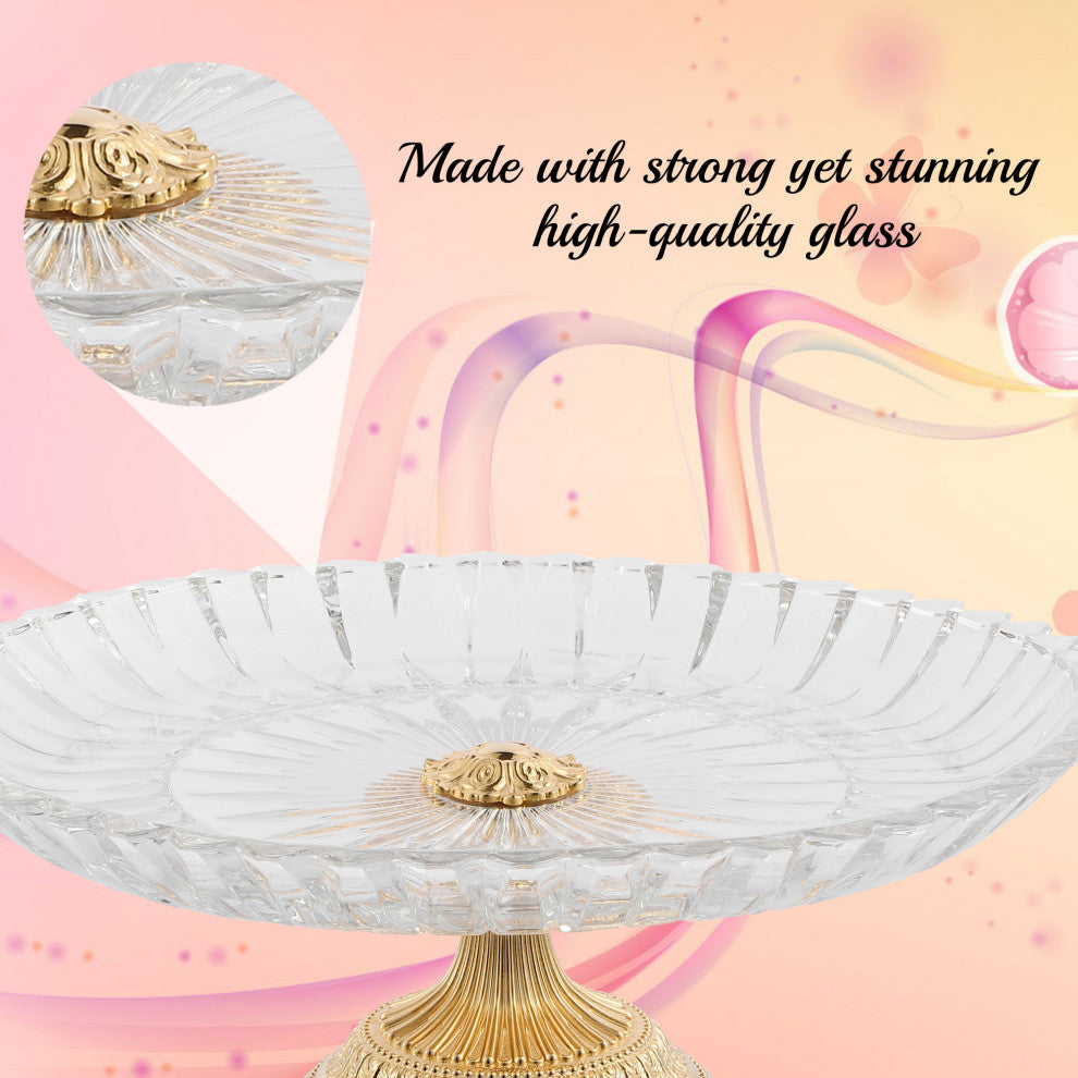 Crystal Cake Dish Round Serving Platter With 24K Gold Plated Pedestal Base