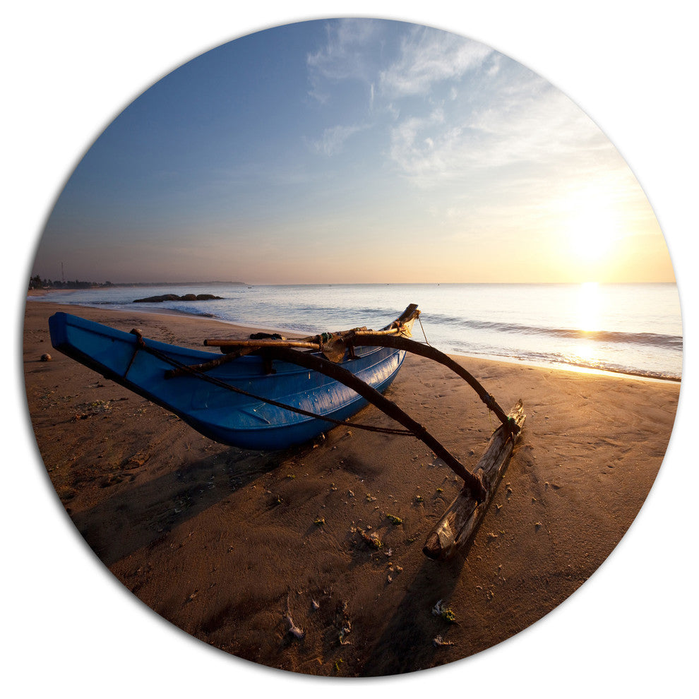 Fishing Boat In Sri Lanka Beach, Seashore Large Disc Metal Artwork, 23"