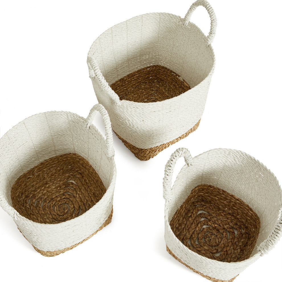 Set of 3 Contemporary Casual Natural White Round Tote Baskets Handles Large
