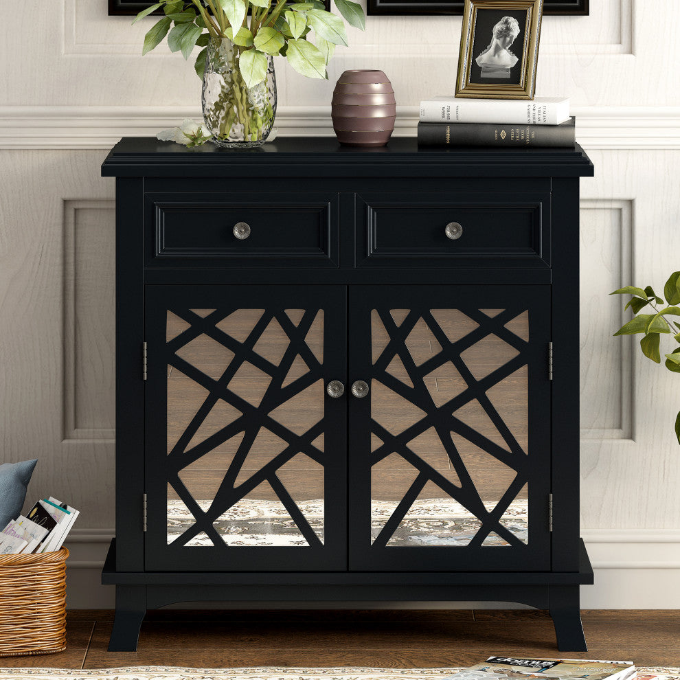 Wood Double Door Accent Cabinet with 2 Drawers, Black, 30'' X 14''
