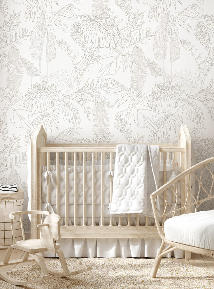 Hand Drawn Jungle Leaves Vinyl Peel and Stick Mural, Gray, 24"x96", Single