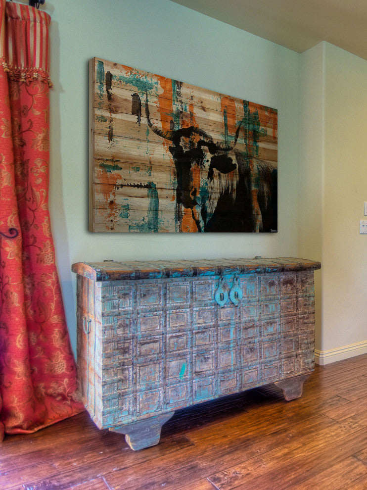 "Orange Teal Steer" Painting Print on Natural Pine Wood, 36"x24"