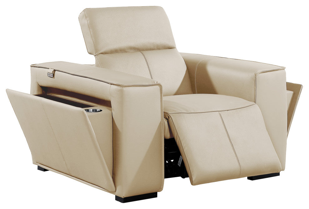 Niccolo Italian Leather Power Reclining Arm Chair With Power Headrests, Beige