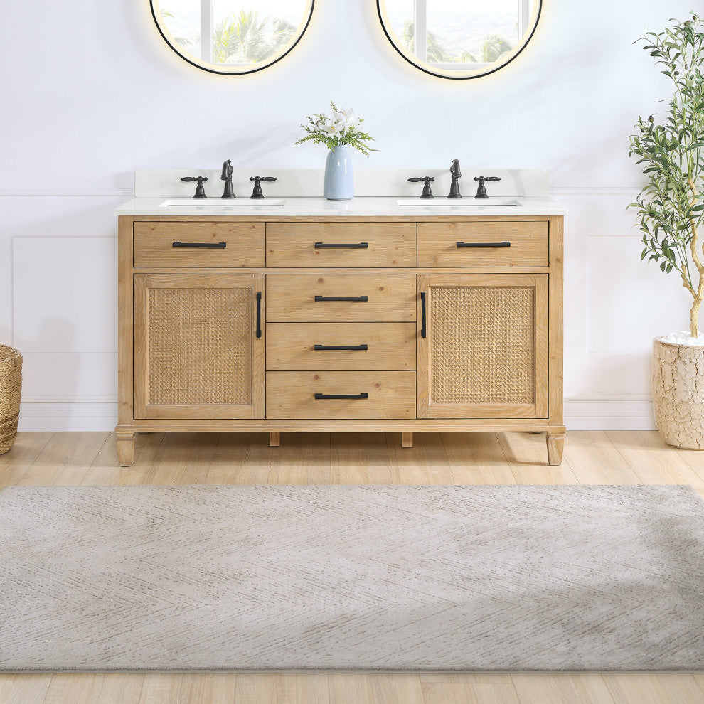 Solana Bathroom Vanity with Calacatta White Quartz Stone Countertop, Weathered Fir, 60", Without Mirror