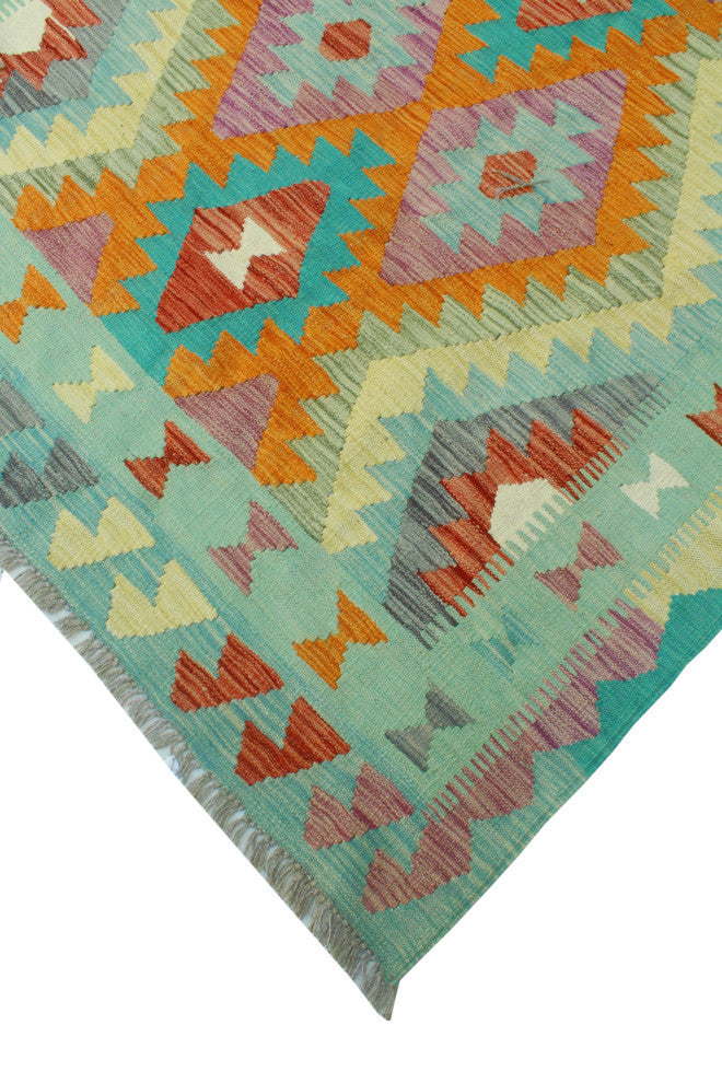 Sangat Flatweave Harry Green/Orange Rug, 4'9 x 6'6