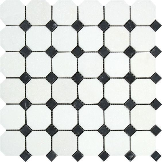 Thassos White Marble Polished Octagon Mosaic Tile w/ Black Dots