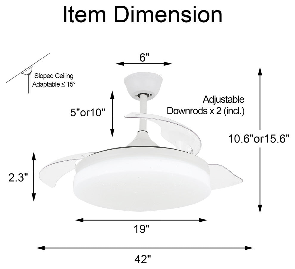 42" Reversible Ceiling Fan with Retractable Blade and Led Light 36W, White, 42"