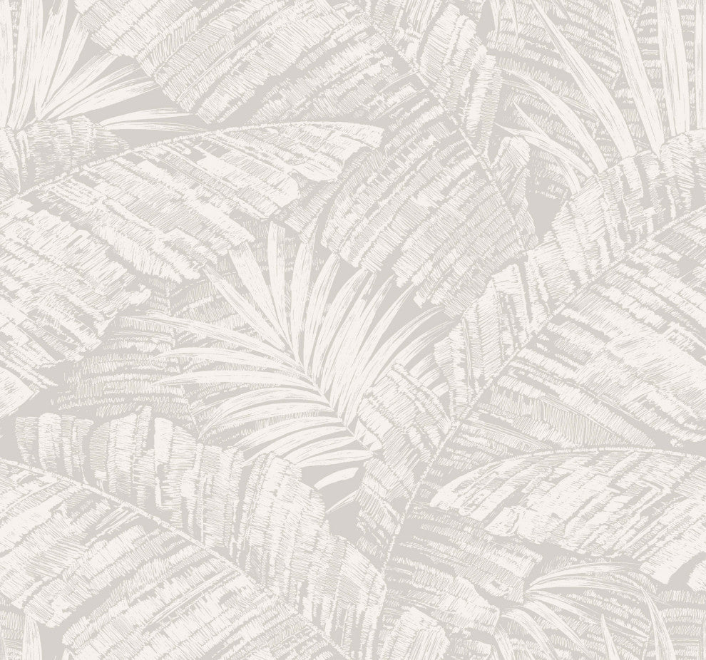 Palm Cove Toile White and Gray Wallpaper