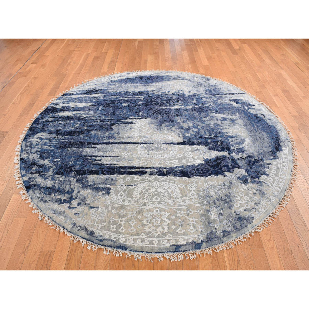 Millennium Blue Wool Silk Shibori Design Hand Knotted Round Rug 7'10" x 7'10"