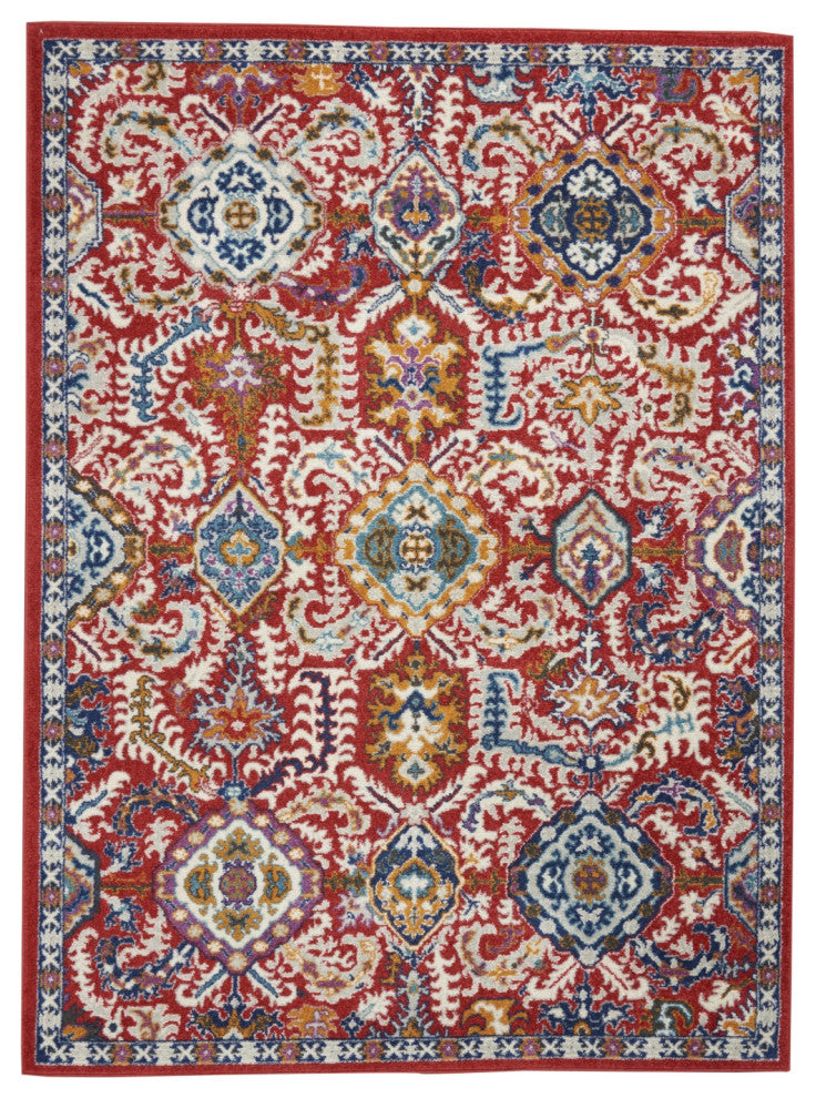 5' X 7' Red And Ivory Damask Power Loom Area Rug