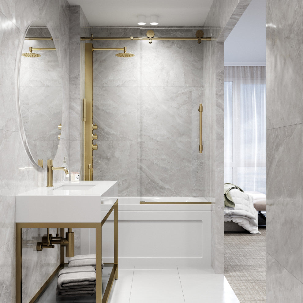 VIGO Elan Hart 56" to 60" W x 66" H Frameless Sliding Tub Door, Stainless Steel, Clear Glass
