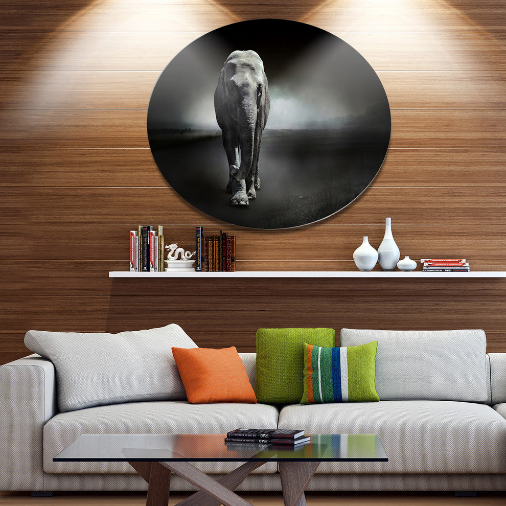 Elephant On Black, Animal Large Disc Metal Wall Art, 36"