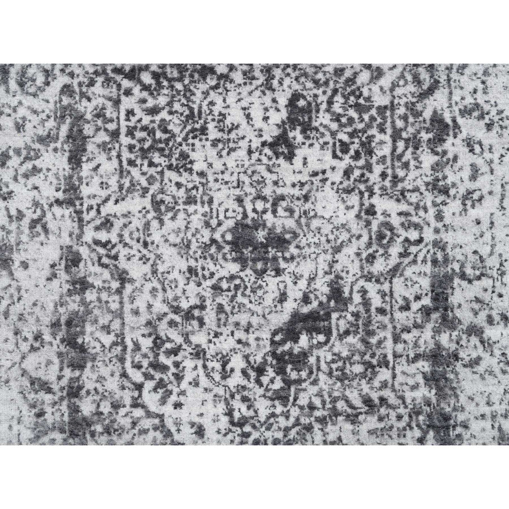 Gray Hand Knotted Erased Persian Design Wool and Silk XL Runner Rug, 2'7"x18'1"