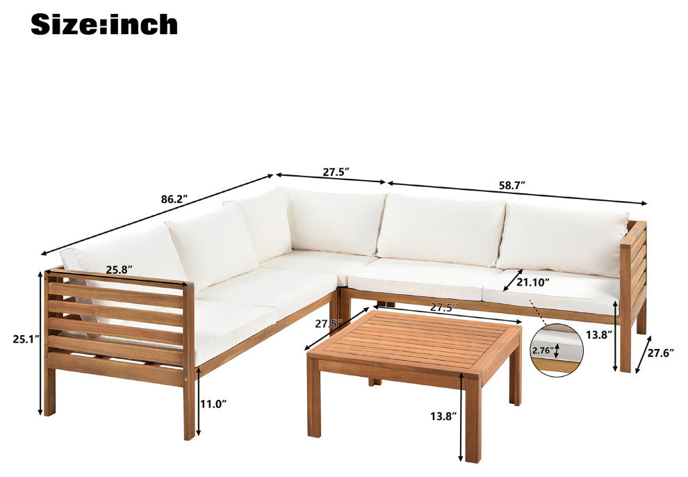 Wood Structure Outdoor Sofa Set with gray Cushions, Beige