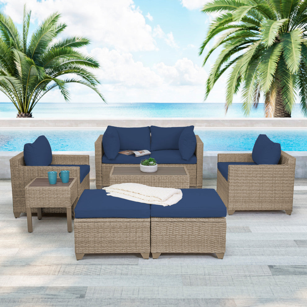 Maui 8-Piece Outdoor Conversation Set, Two Ottomans, Coffee Table, Cobalt