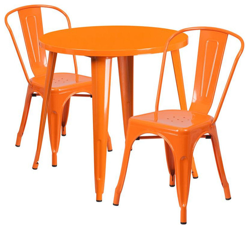 30" Round Orange Metal Indoor-Outdoor 3-Piece Table Set With 2 Cafe Chairs