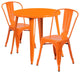 30" Round Orange Metal Indoor-Outdoor 3-Piece Table Set With 2 Cafe Chairs