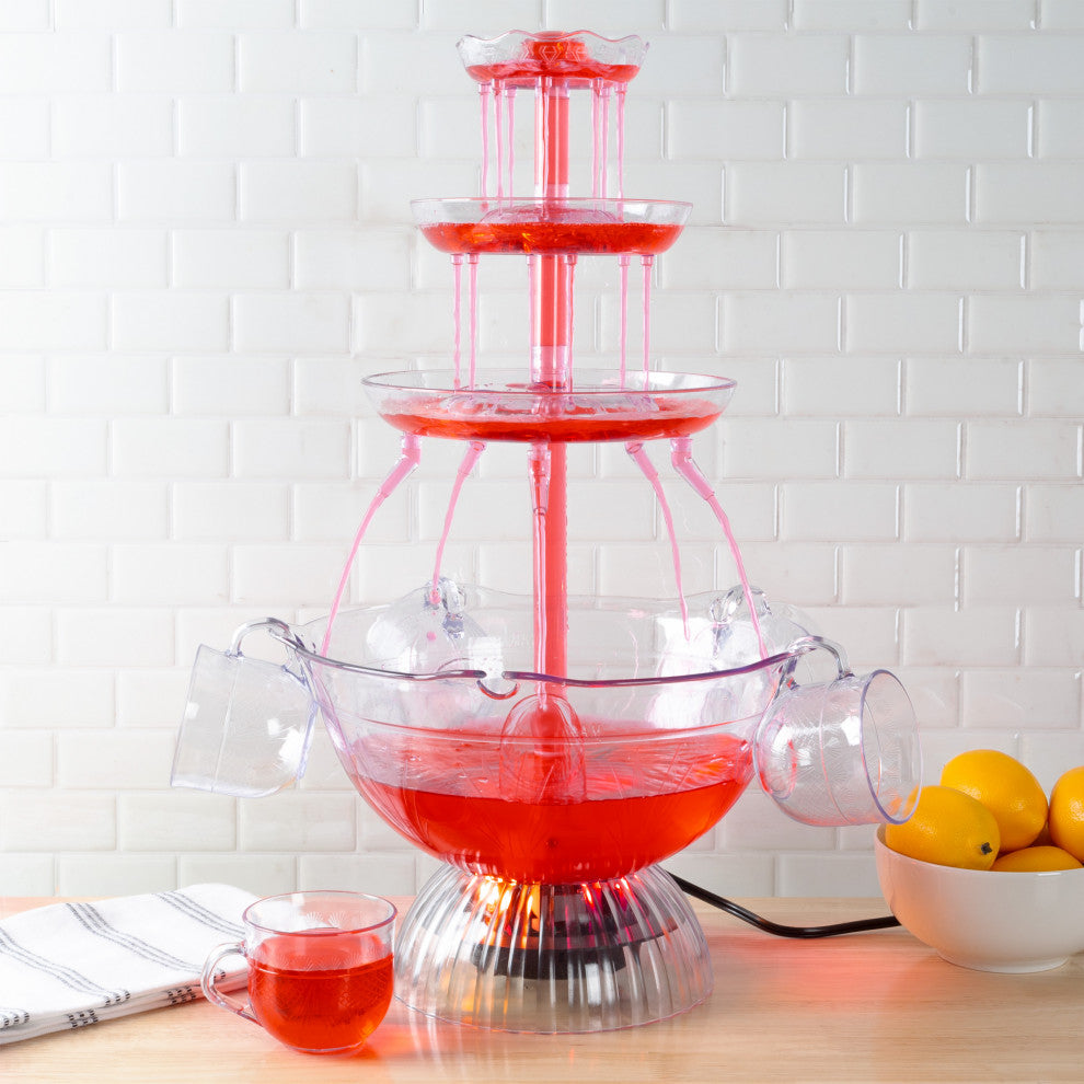3-Tier Party Drink Dispenser 1.5-Gallon Punch Fountain LED Light Base, 5 Cups