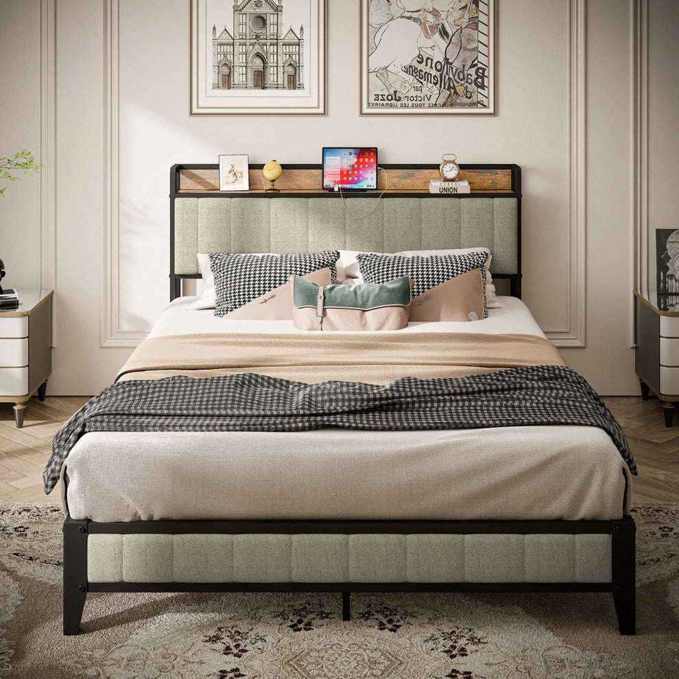 Gewnee Queen Size Bed Frame with Charging Station