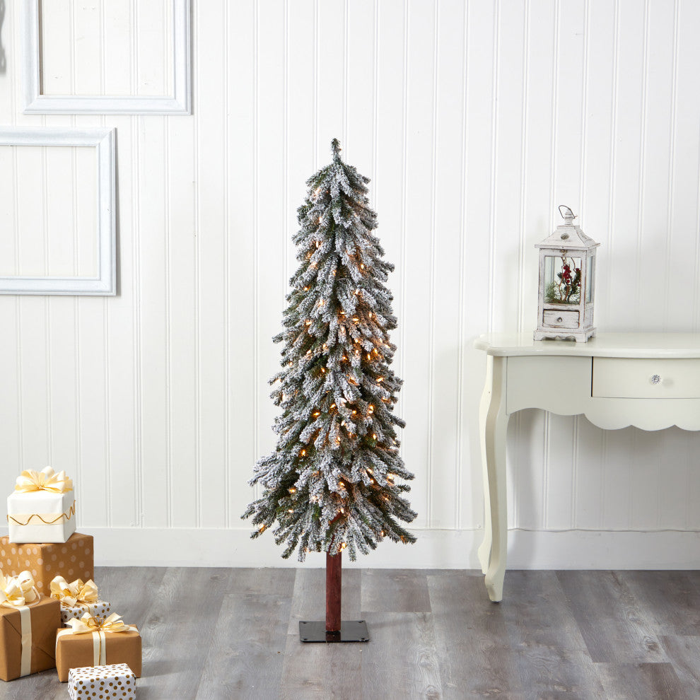 5' Flocked Grand Alpine Faux Xmas Tree W/Lights, Bendable Branches
