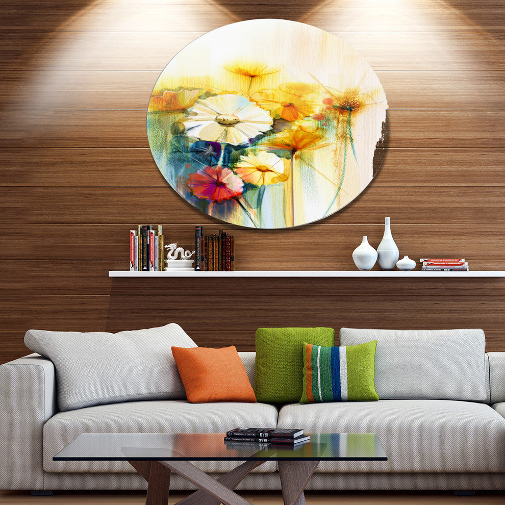 Bunch Of White Yellow Flowers, Modern Floral Disc Metal Wall Art, 23"